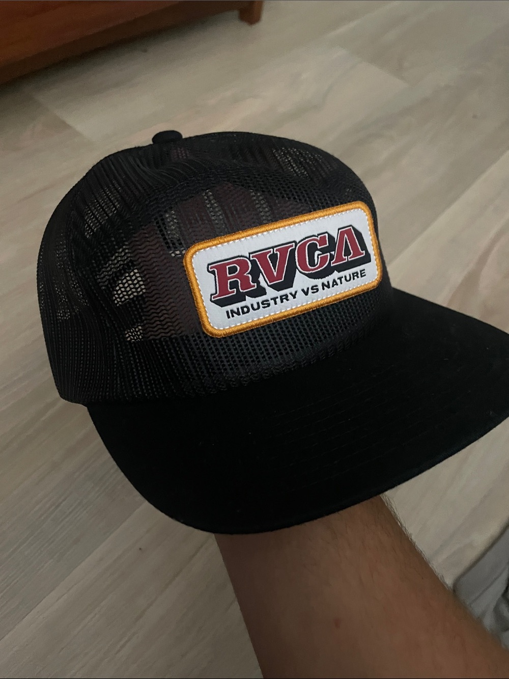 RVCA Black Mesh Trucker Hat with Red Logo Patch